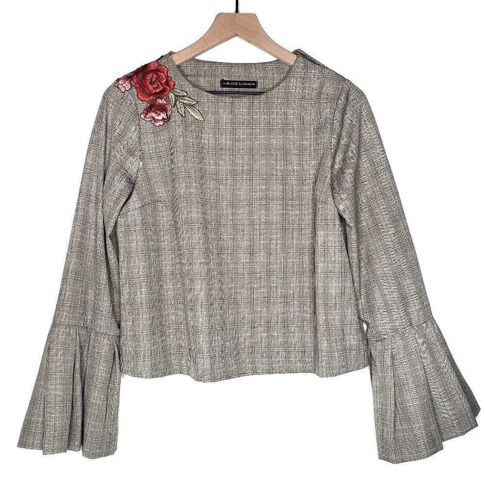 Harlowe & Graham Bell Sleeve Embroidered Flower Plaid Blouse XS‎ Tan Beige